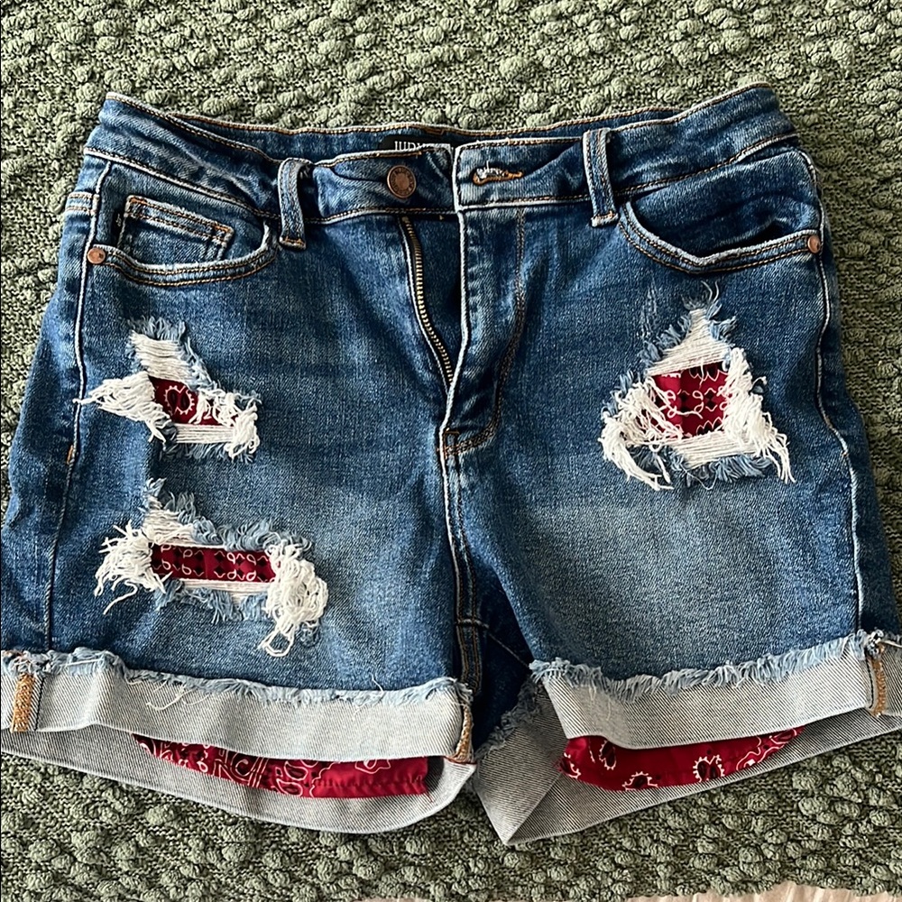Judy Blue Distressed Red and Blue Jean Shorts
